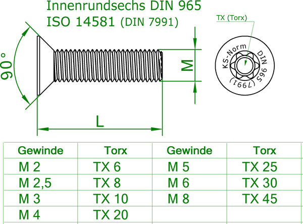 DIN 965 M 2 L= 4 bis 12 mm Senkkopfschraube A4 Torx TX6 Rostfrei ND